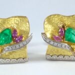 18K Y/G & PLAT DIA/EMRLD EARRING