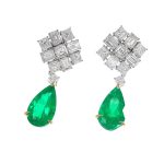 EMERALD & DIA 18KW PEAR-SHAPE EARRINGS